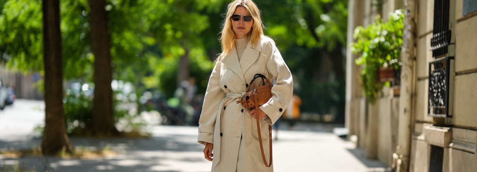 Natalia Verza wearing beige long belted trench coat - capsule wardrobe winter