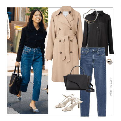 Women's work outfit Trench with jeans and shirt