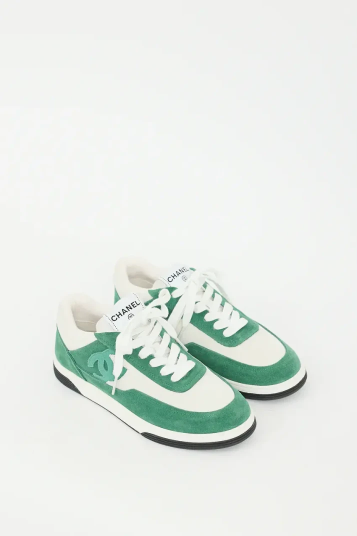 Chanel green and white suede CC low top trainer