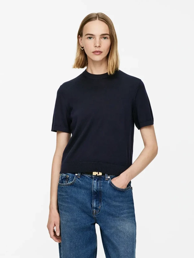 Arket navy short sleeve wool top