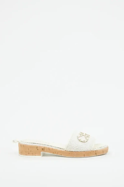 Chanel white tweed logo sandal slides