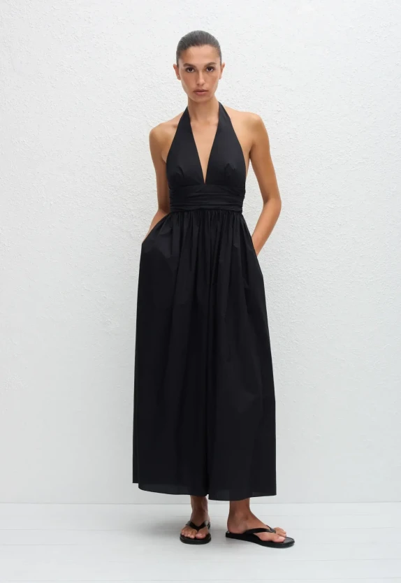 Matteau black plunge halter neck maxi dress